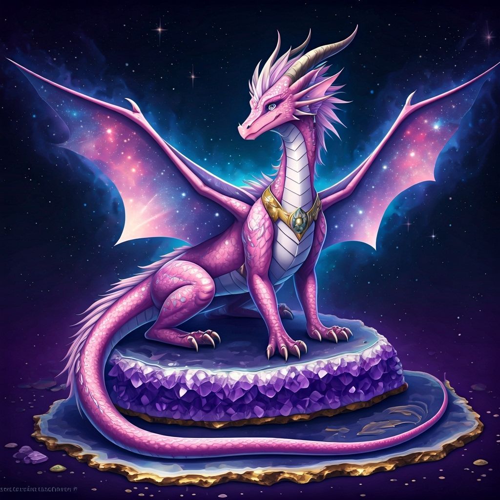 Cosmic Dragon Posing on Amethyst in Anime Style