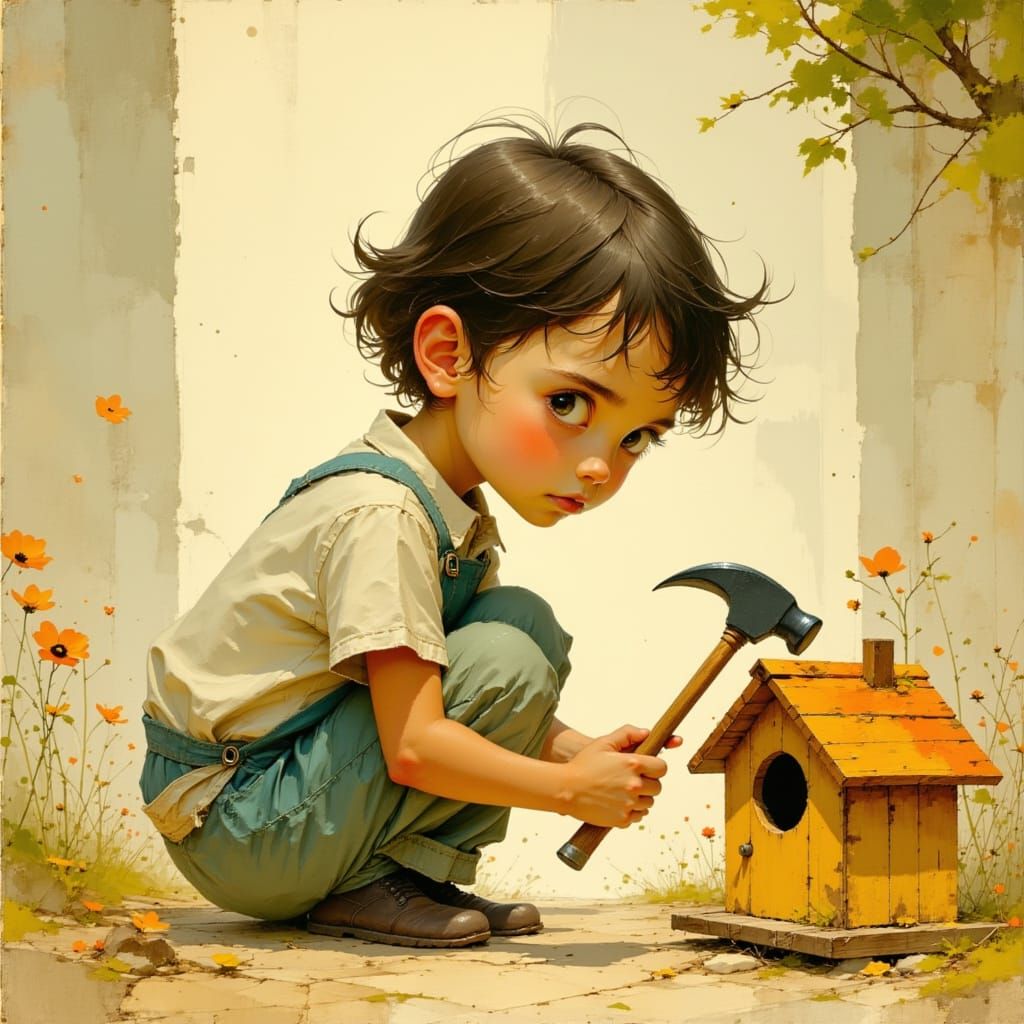 Child's First Hammer Attempt on Birdhouse