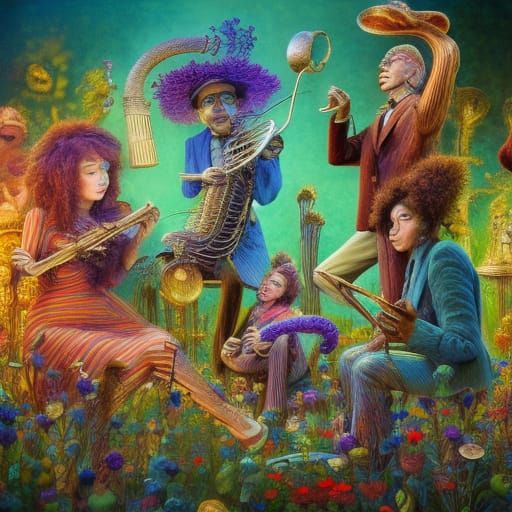 Vivid Ragtime Band with Embroidered Flowers in Gouache Style