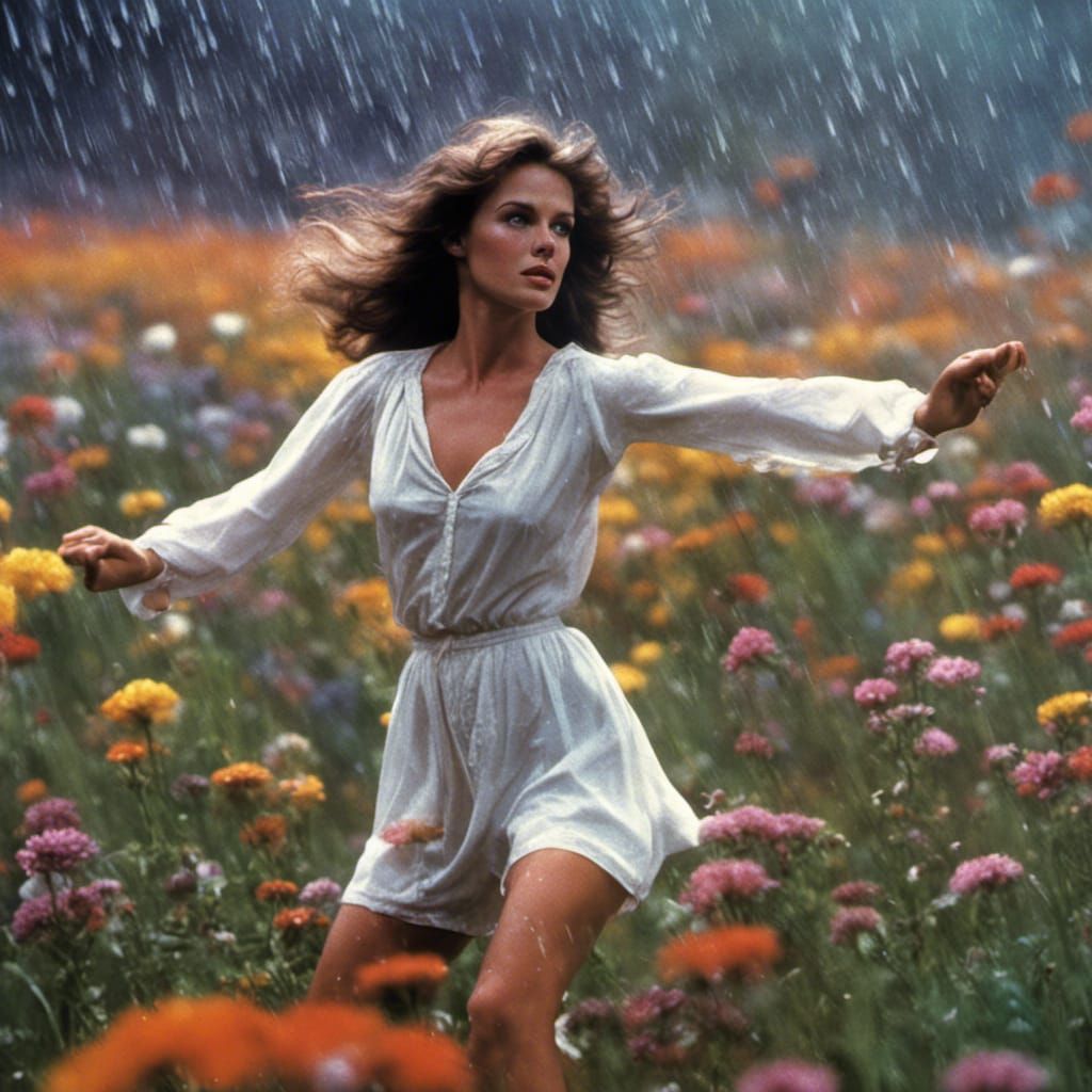 Jacqueline Bisset Dancing in Rainy Meadow