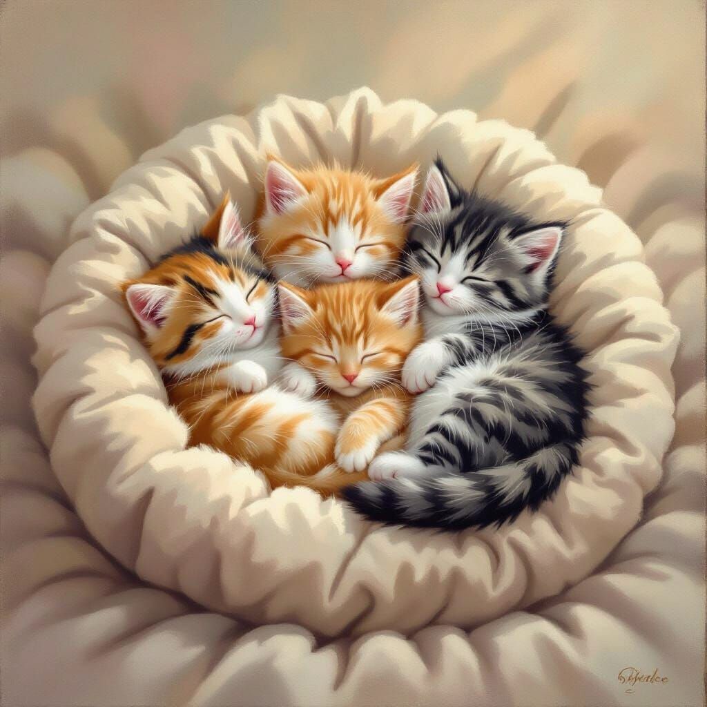 Three Fluffy Kittens Sleeping in Cozy Cat Bed