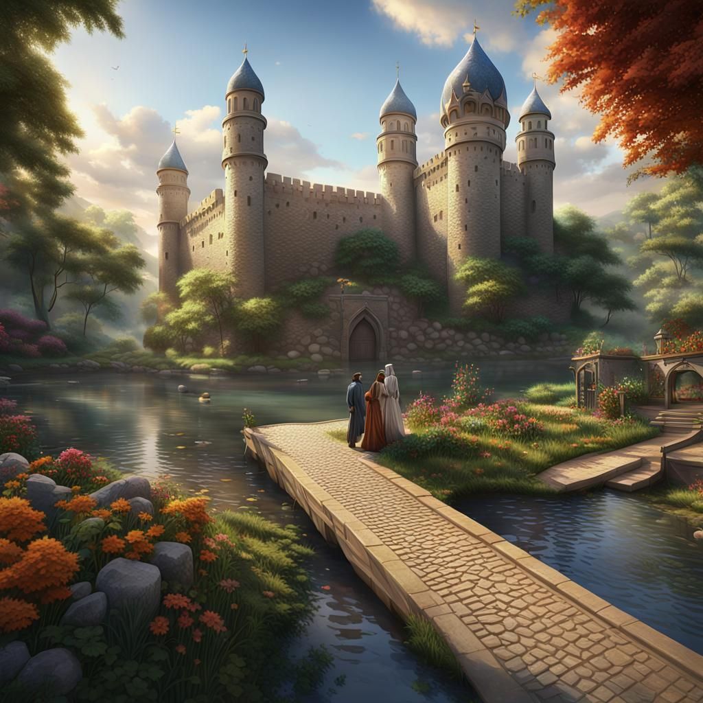 Islamic Castle with Garden at Sunrise: Detailed Matte Painti...