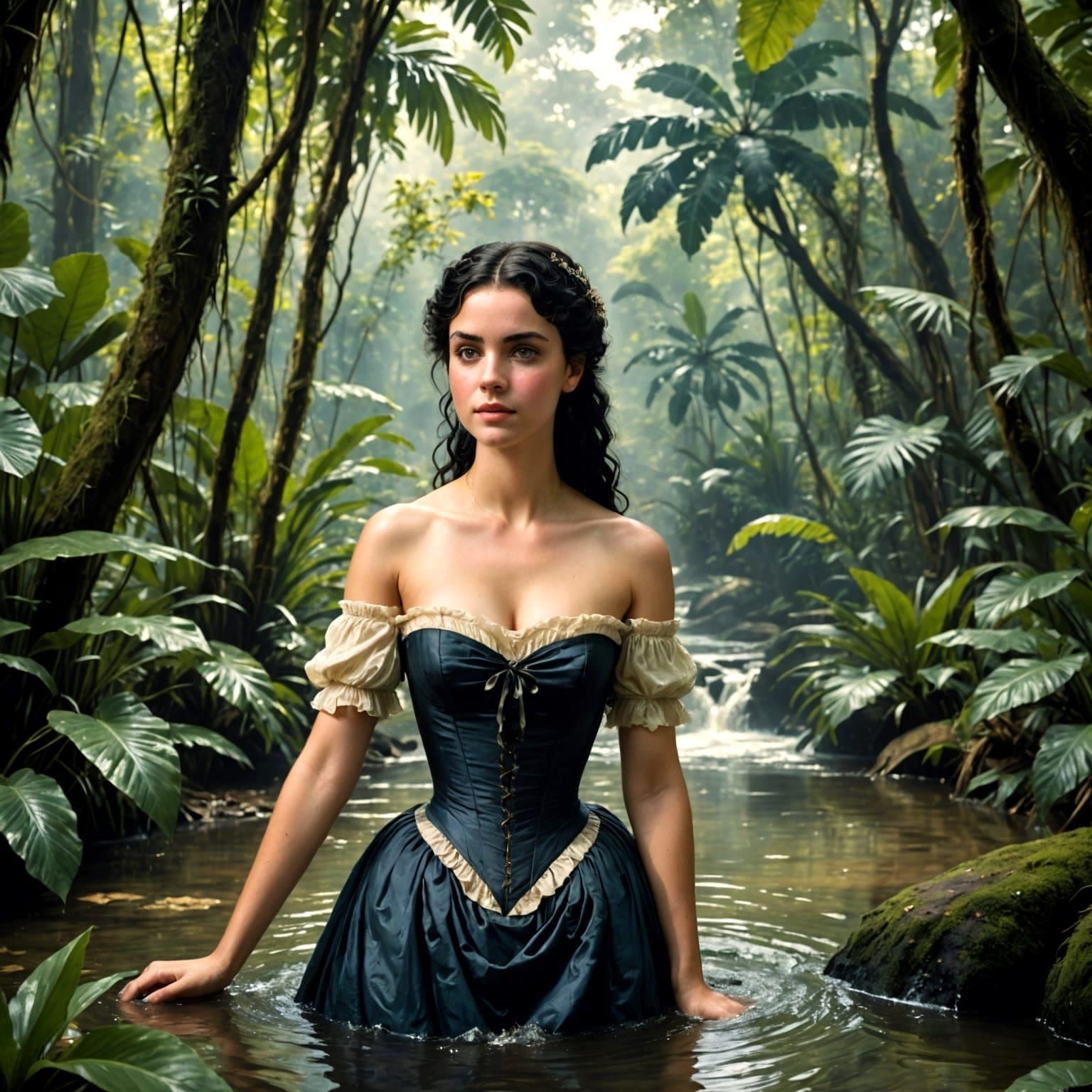 1820s English Viscountess Wades in Tropical Jungle Stream