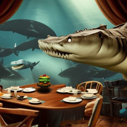 Hyperrealistic Crocodile and Shark Tea Party