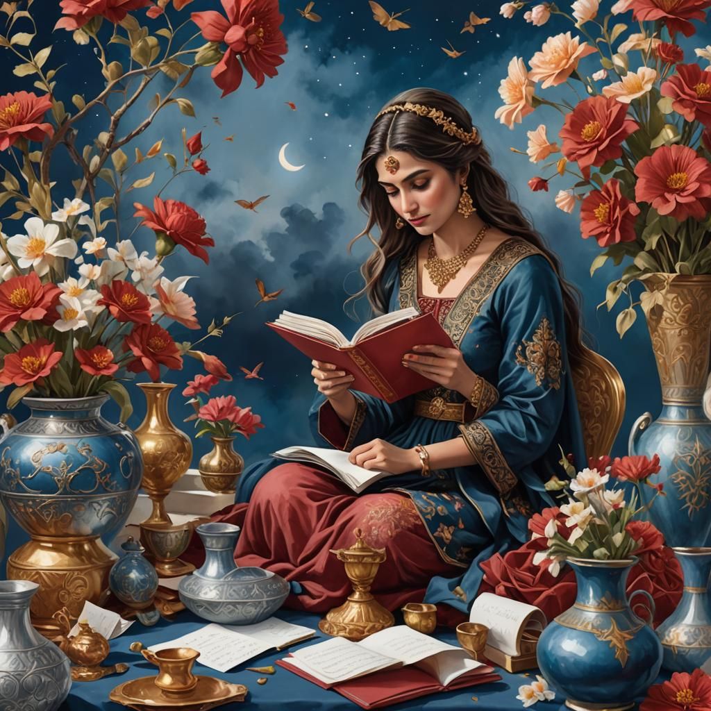 Pakistani Woman Reading Letters in Watercolor Fantasy Art