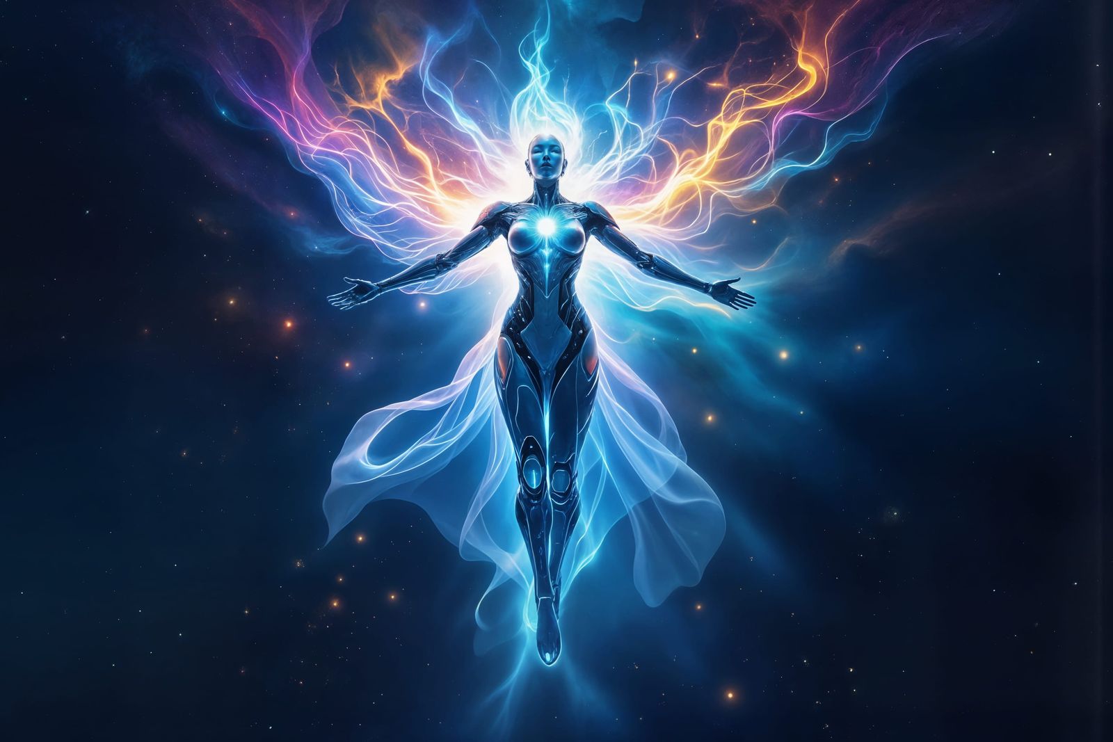 Luminous Cyborg Goddess Drifting Through Nebula