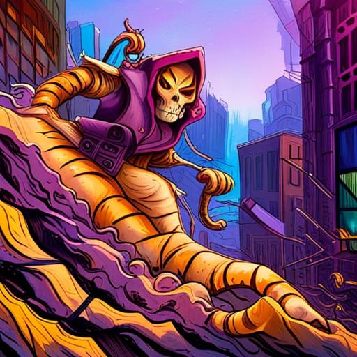 Skeletor Rides a Tiger in Graffiti Art Style