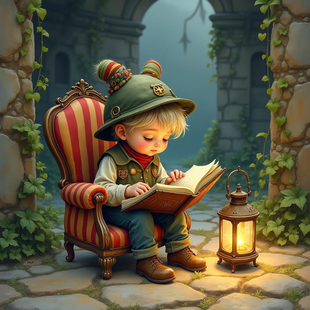 Whimsical Boy Reading in Ancient Ruins