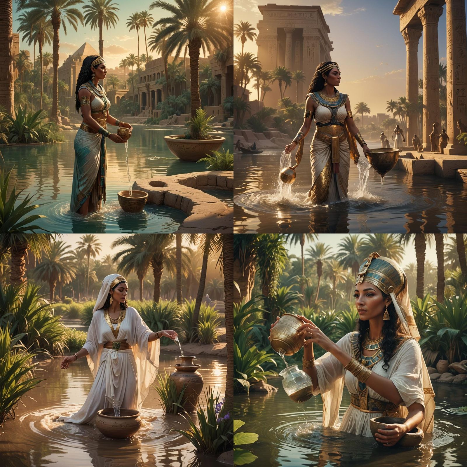 Egyptian Woman Gathering Water: Detailed Matte Painting