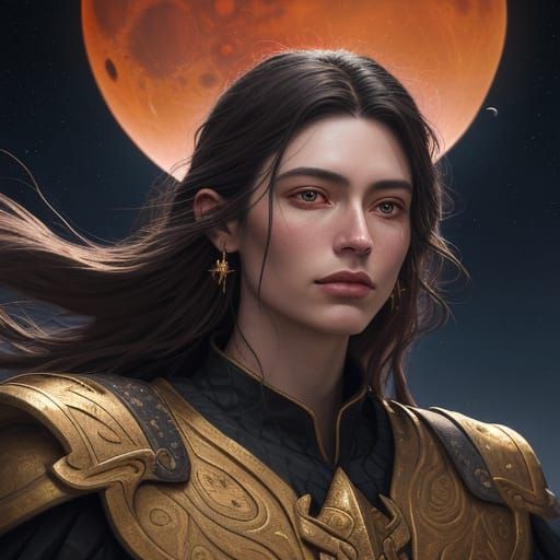 Ethereal Figure Flying Under Blood Moon