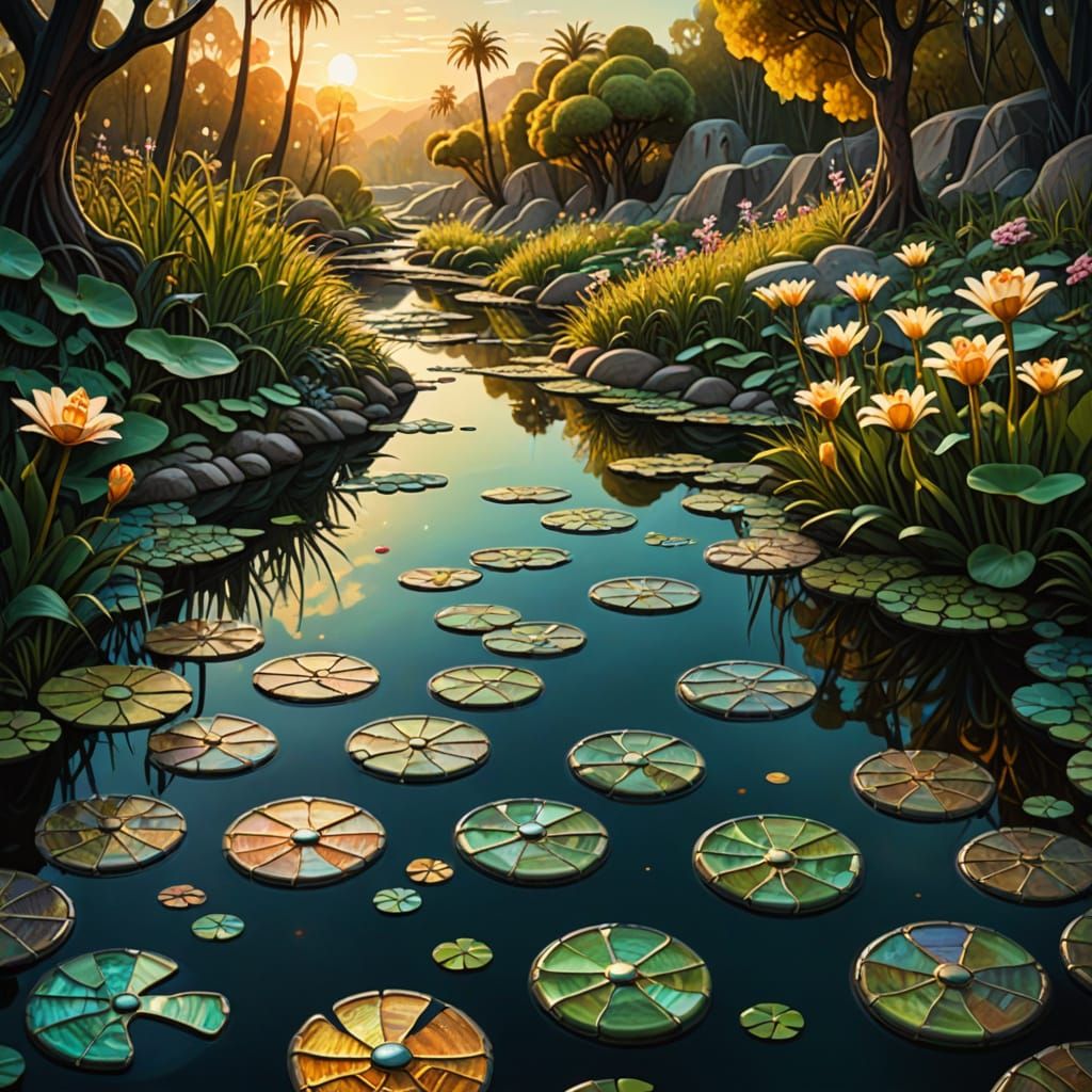 Gaudi-Inspired Surreal Swamp Path in Mosaic Style