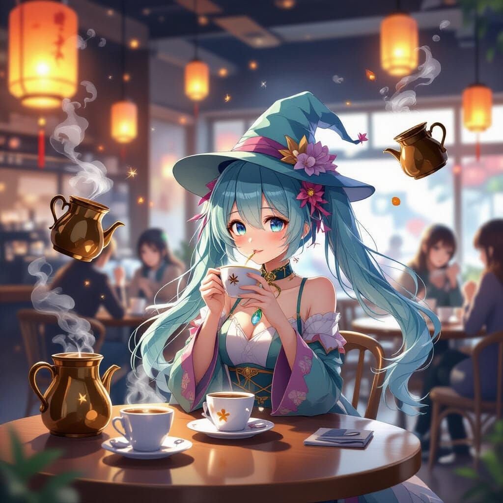 Hatsune Miku in Enchanted Coffee Shop with Floating Lanterns