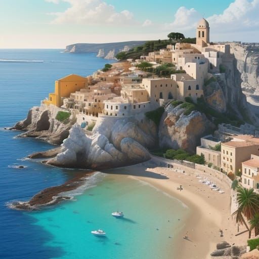Mediterranean Coastal Village in Painterly Style