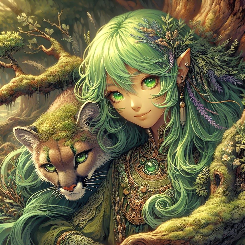 Anime Druid Dryad with Cougar in Forest