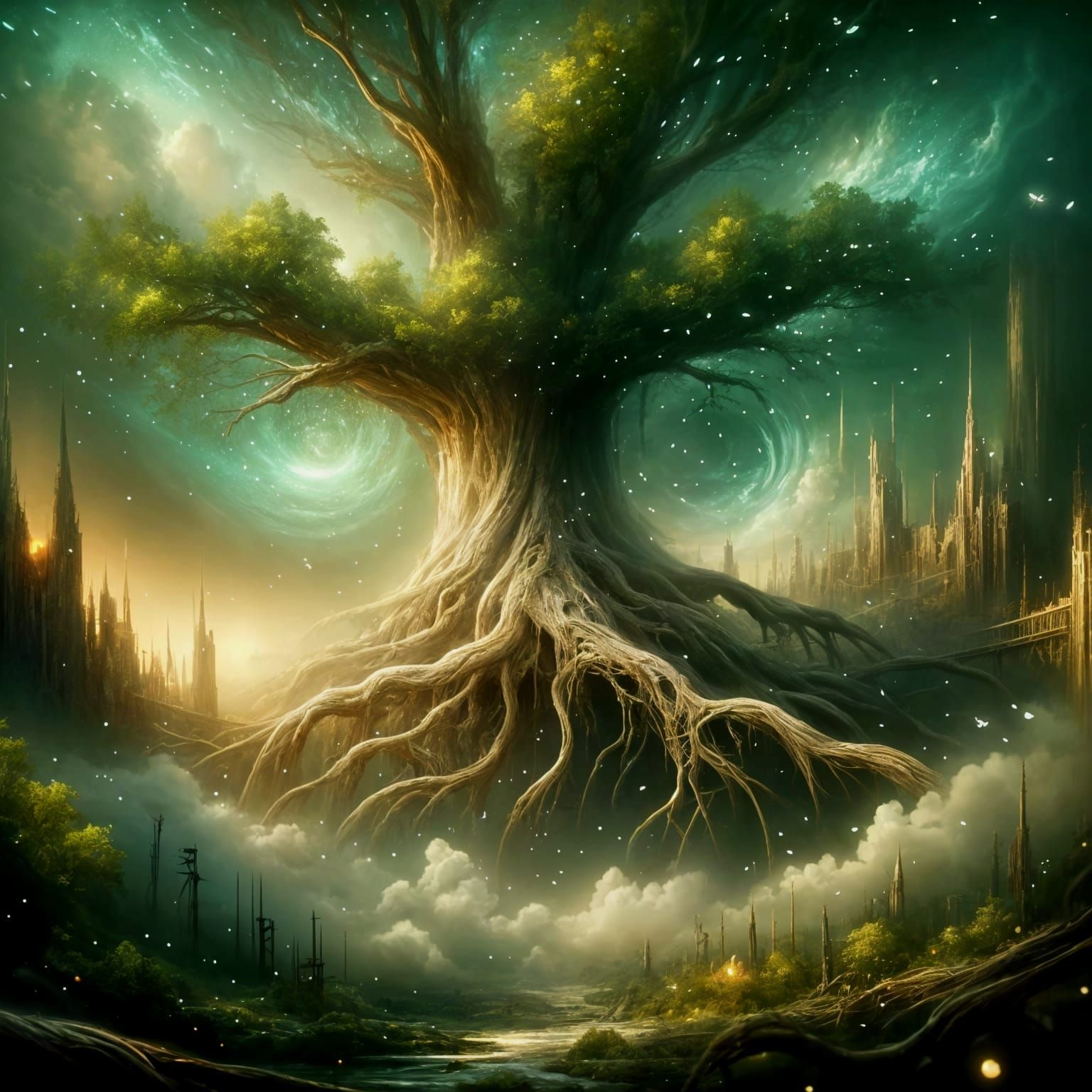 Ancient Tree Dominates Forgotten City in Romantic Style