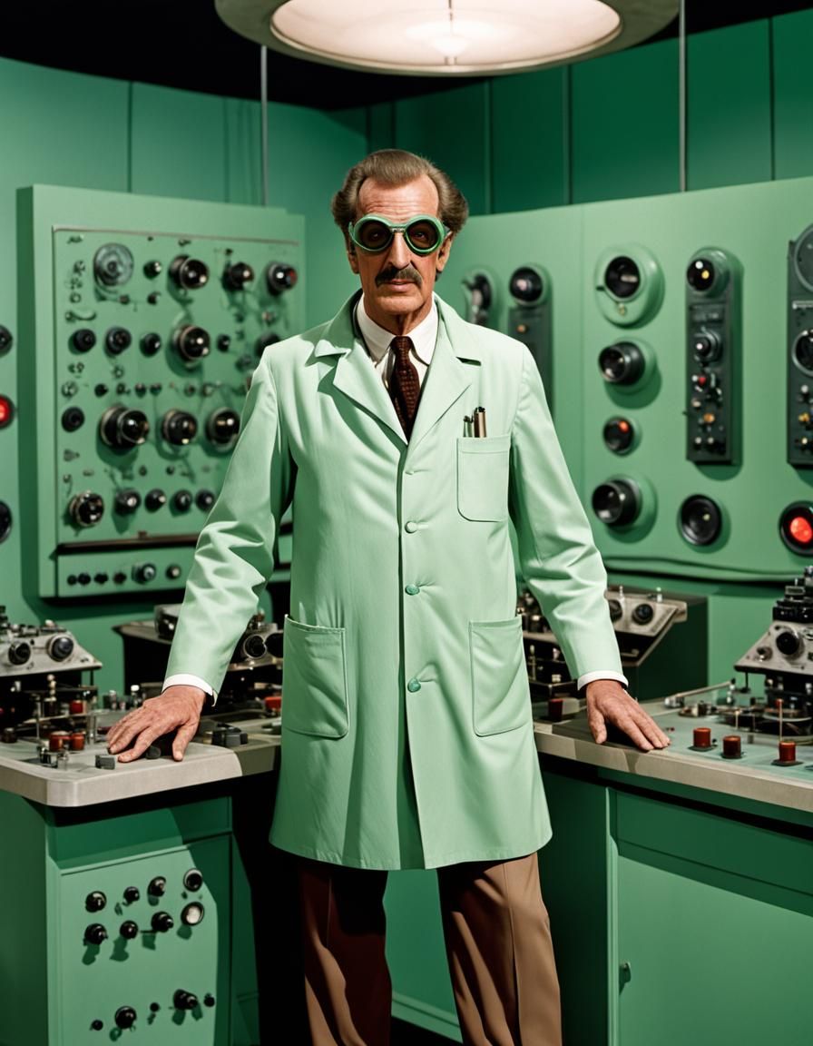 Retro-Futuristic Scientist in Gothic Cinema Laboratory