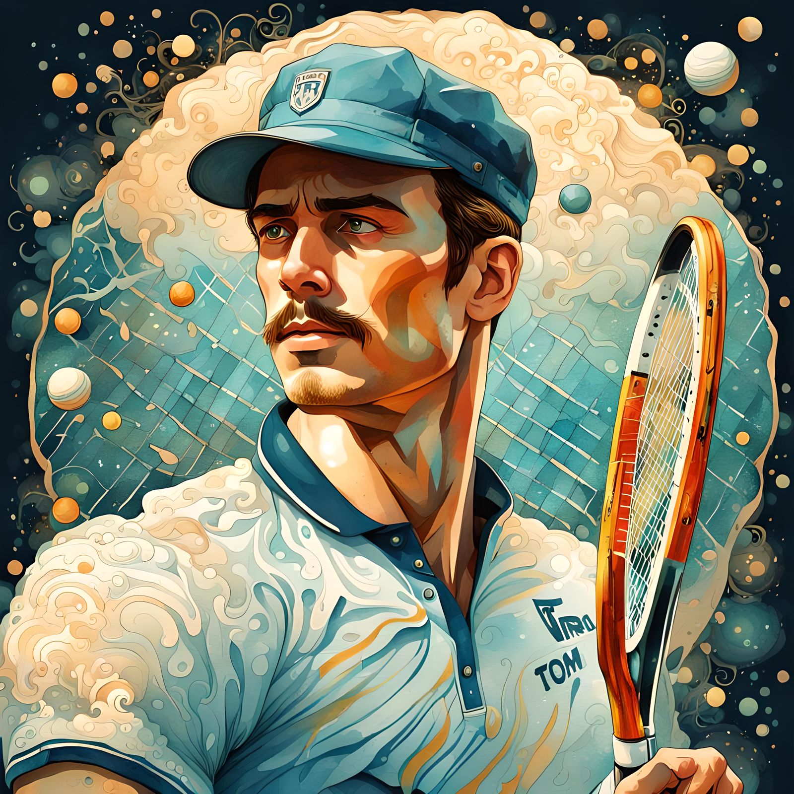 Watercolor Tennis Player with Ornate Details