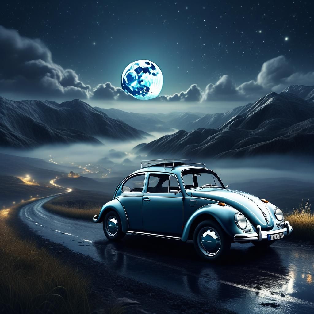 Volkswagen Beetle Soaring Through Misty Moonlight Sky