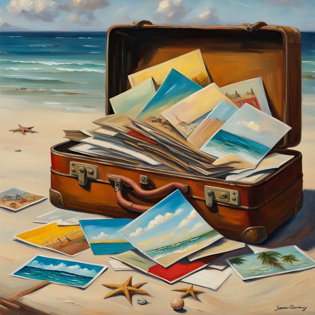Vintage Suitcase Unleashes Postcards on Windy Beach