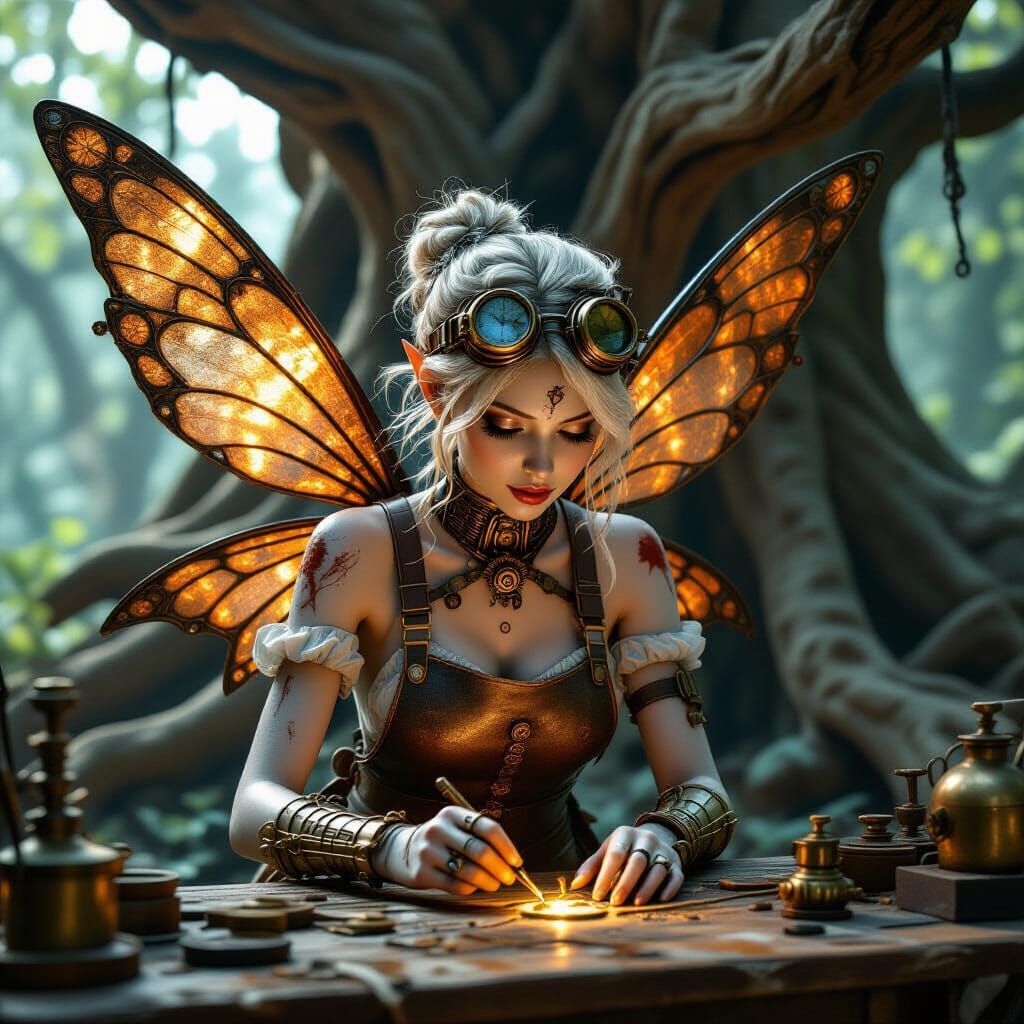 Steampunk Fairy Forging Tools in Hyperrealistic Detail
