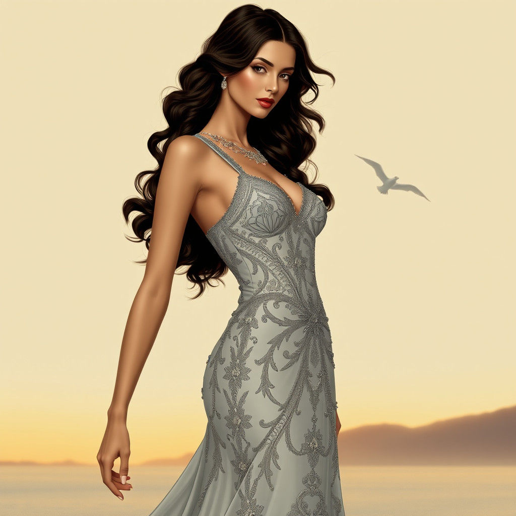 Elegant Woman in Grecian Art Deco Style Gown
