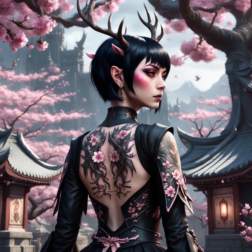 Goth Elf Girl with Cherry Blossom Tattoo