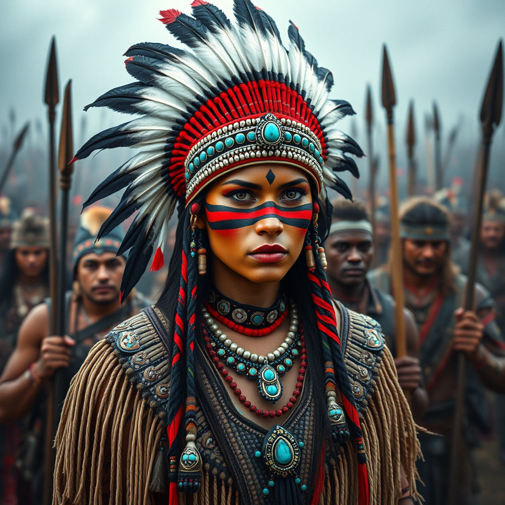 Native American Princess Leading Army in Street Art Style