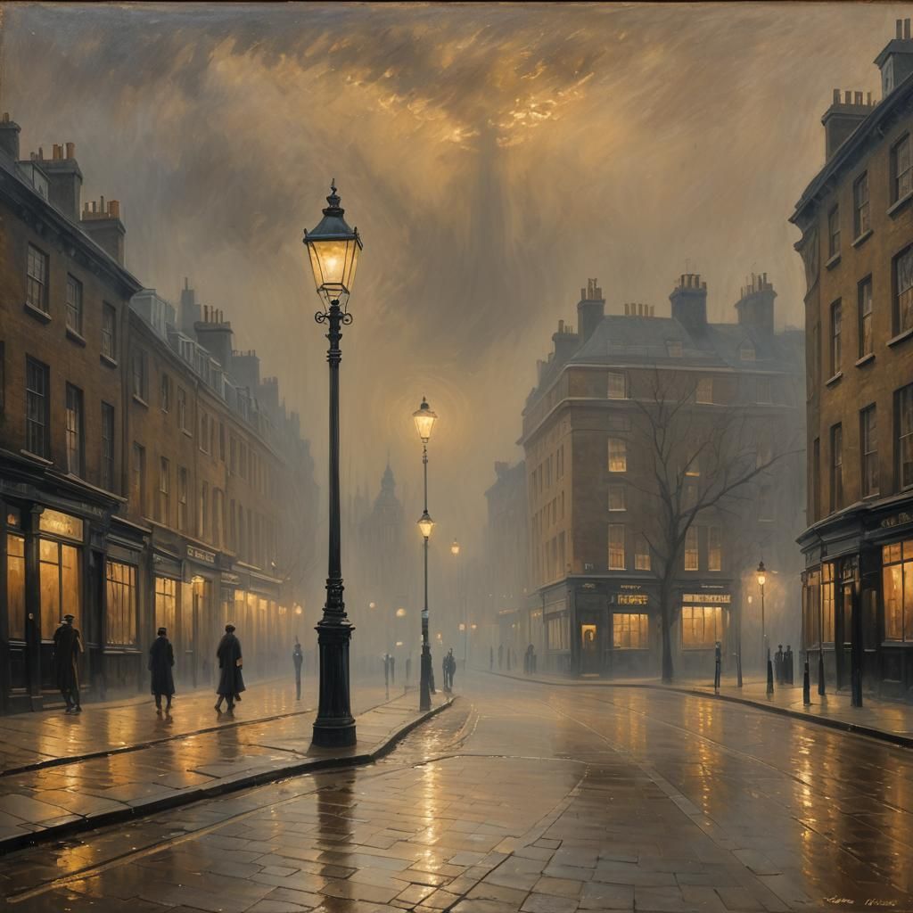 Lamppost in Foggy London Street: An Oil Painting