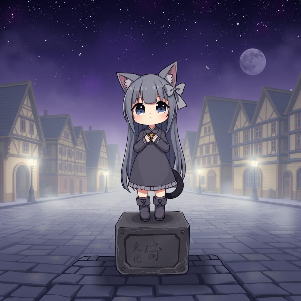 Kawaii Anime Catgirl Statue in Deserted Town Square