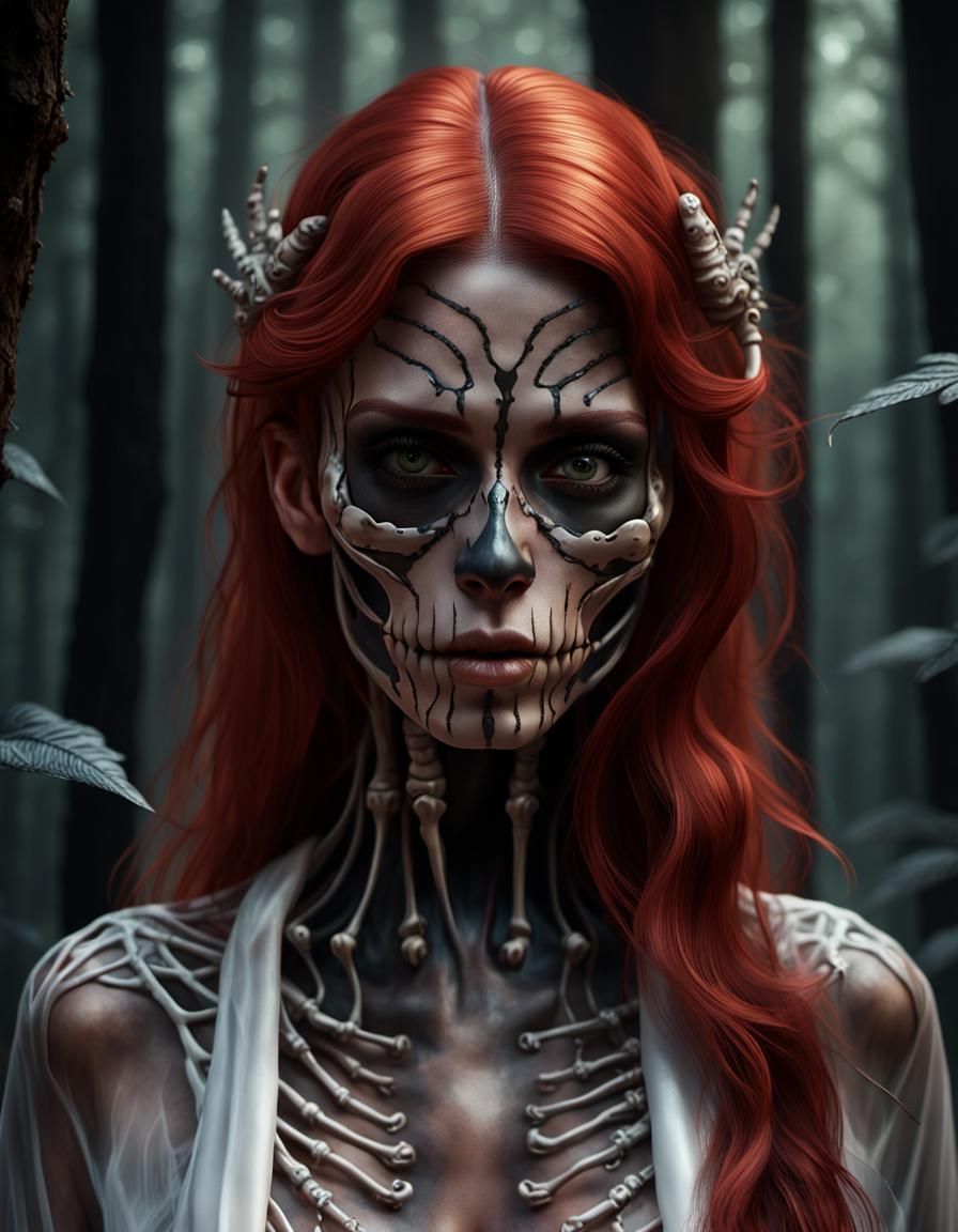 Skeleton Woman in Dark Fantasy Forest, Hyperrealistic CGI