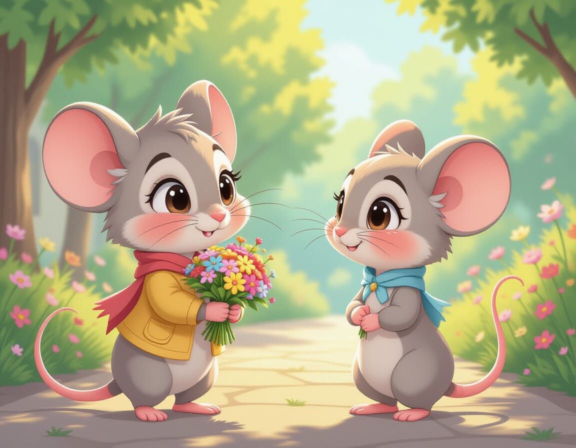Shy Chibi Mouse with Flowers: Pixar-Style CGI