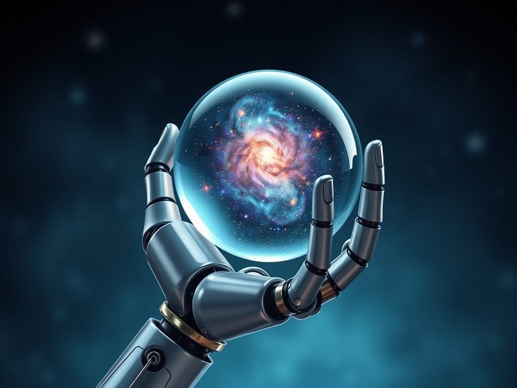 Robotic Hand Holding Galaxy Orb: Sci-Fi Art