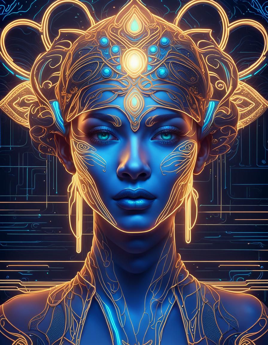 Neon Goddess: Art Nouveau Digital Portrait