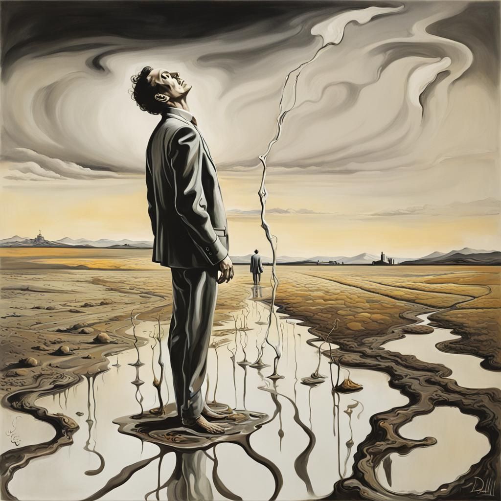 Melting Man in Field: Surrealist Art