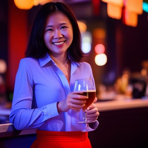 Attractive Woman in Blue Dress Shirt Holding Beer