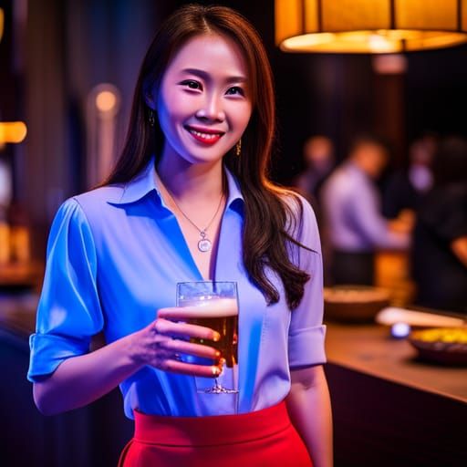Attractive Asian Woman in Blue Shirt Holding Beer