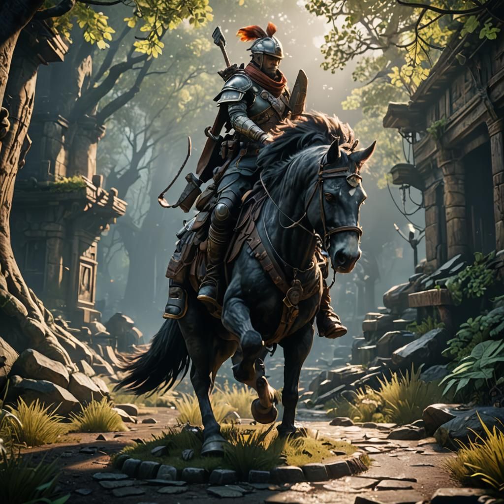 Grey Horse and Knight in 3D Game Style