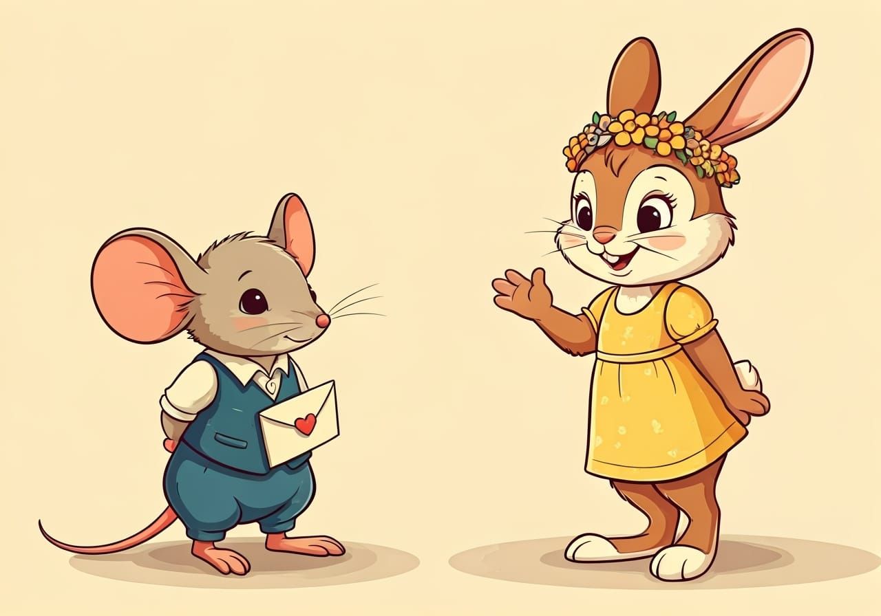Mouse and Rabbit Love Letter, Whimsical Cartoon Style
