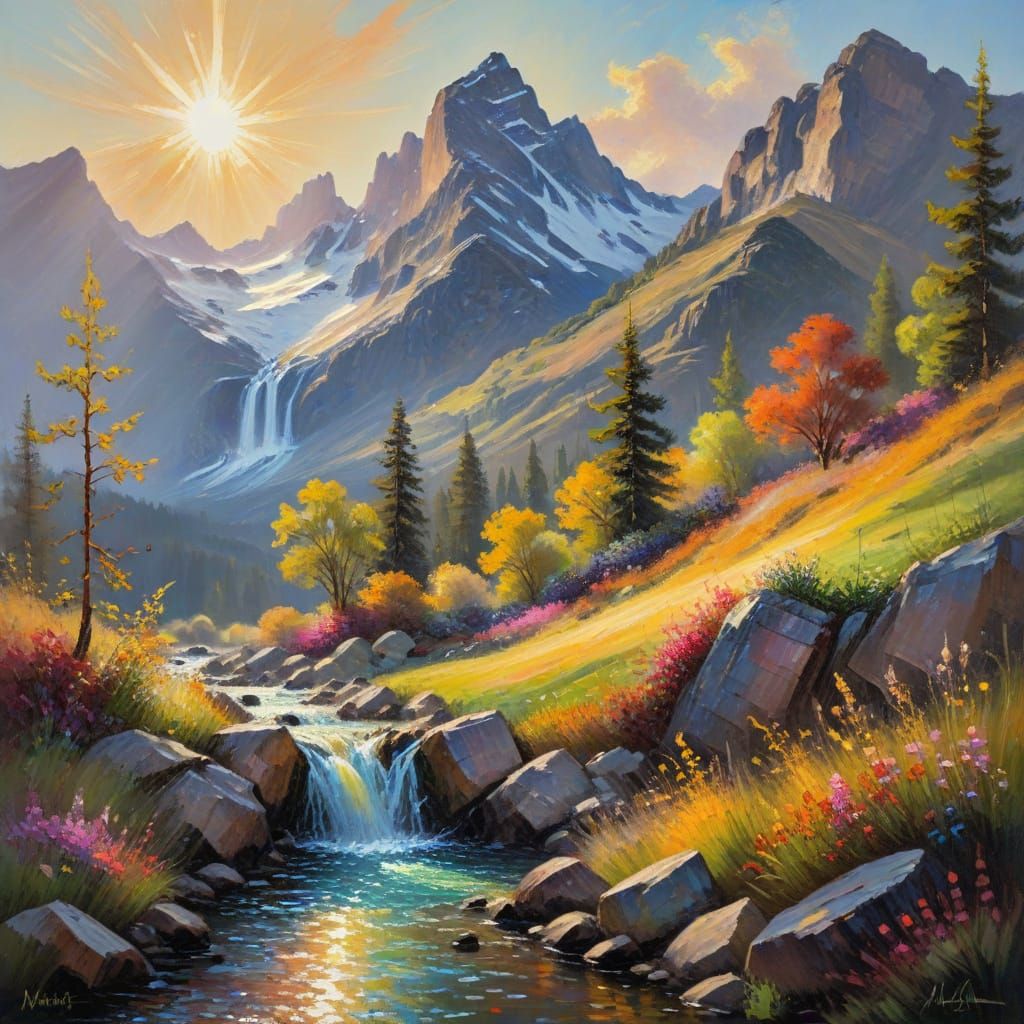 Impressionist Mountain Landscape with Sunlit Waterfall