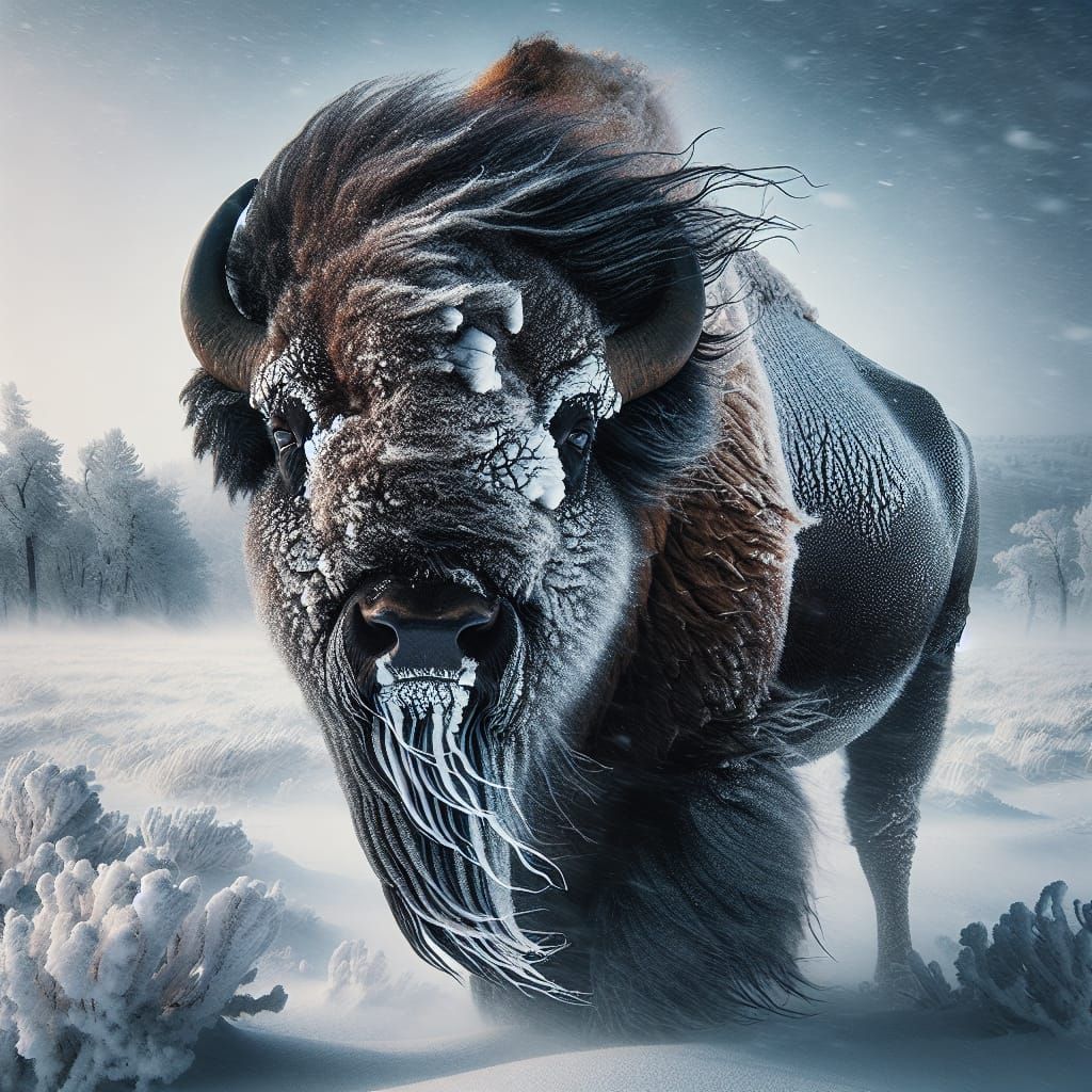 Majestic Bison in Snow-Covered Landscape Photograph