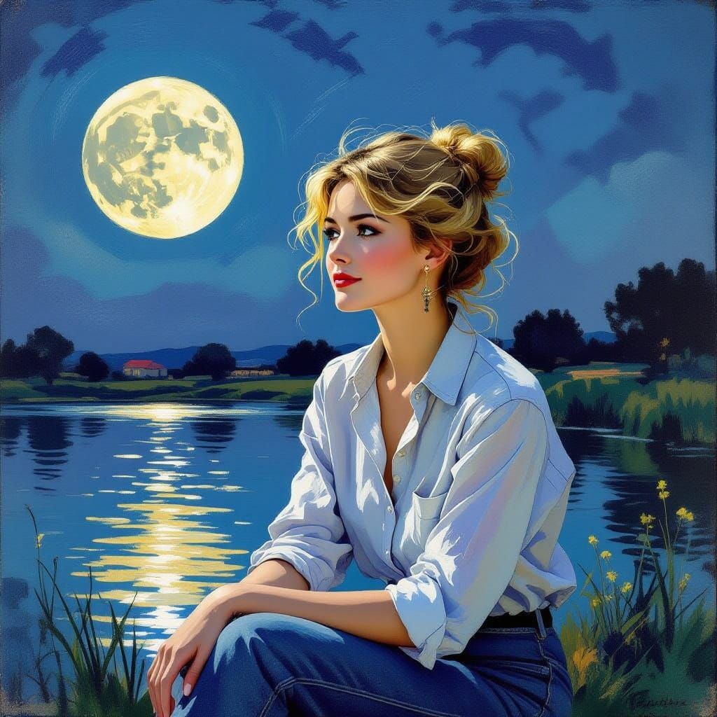Blonde Woman by Lake in Impressionist Art Nouveau Style