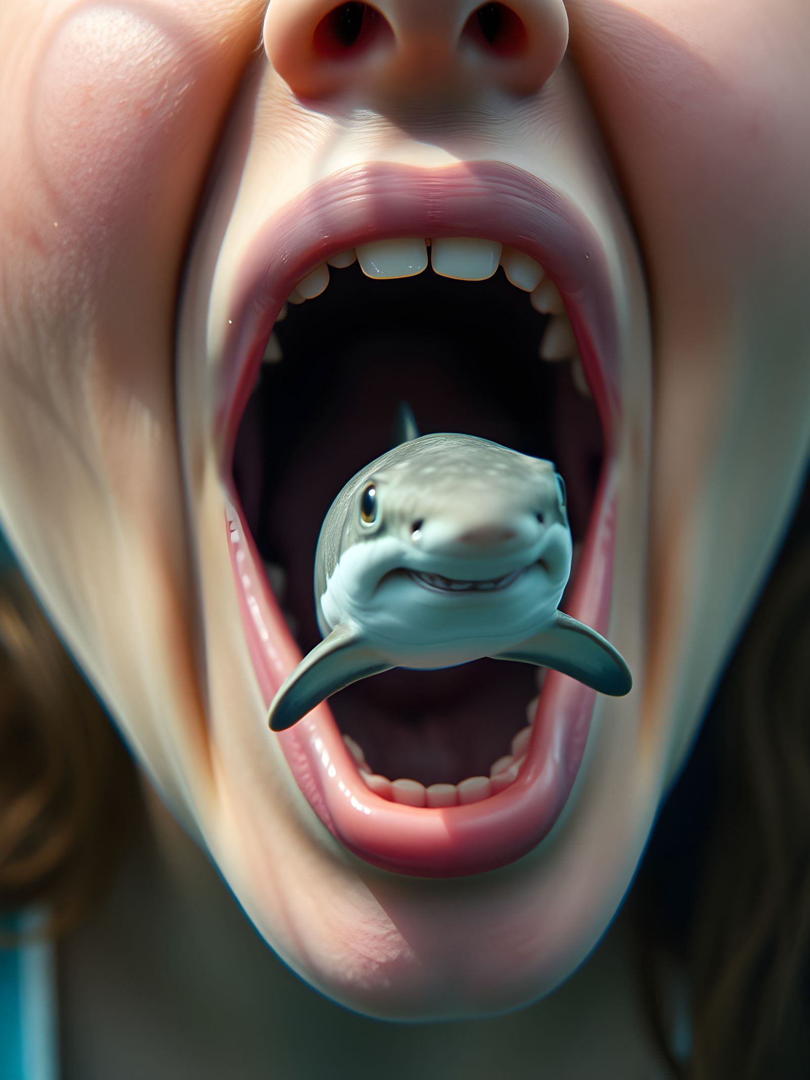 Surreal Image of Woman's Mouth with Baby Shark