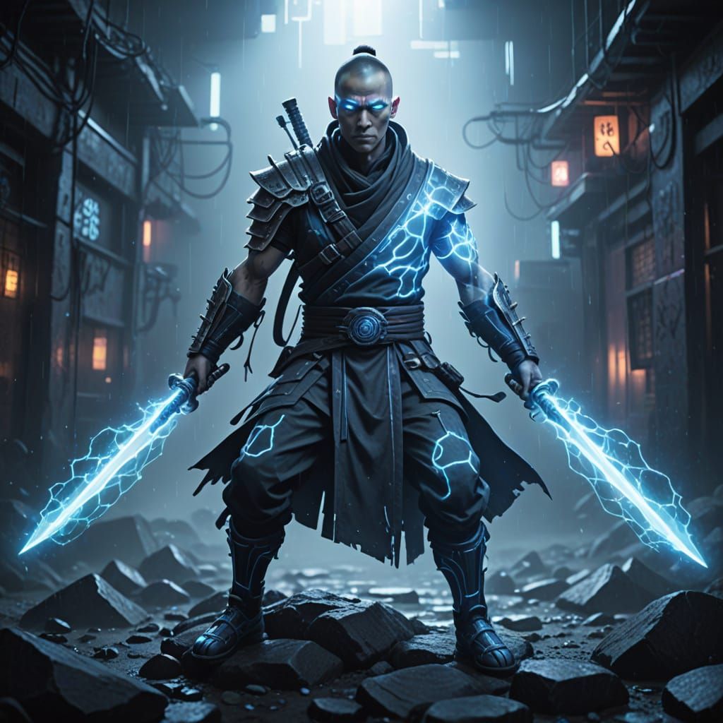 Cyber-Ghost Ninja Monk in Fractured Cyber-Realm