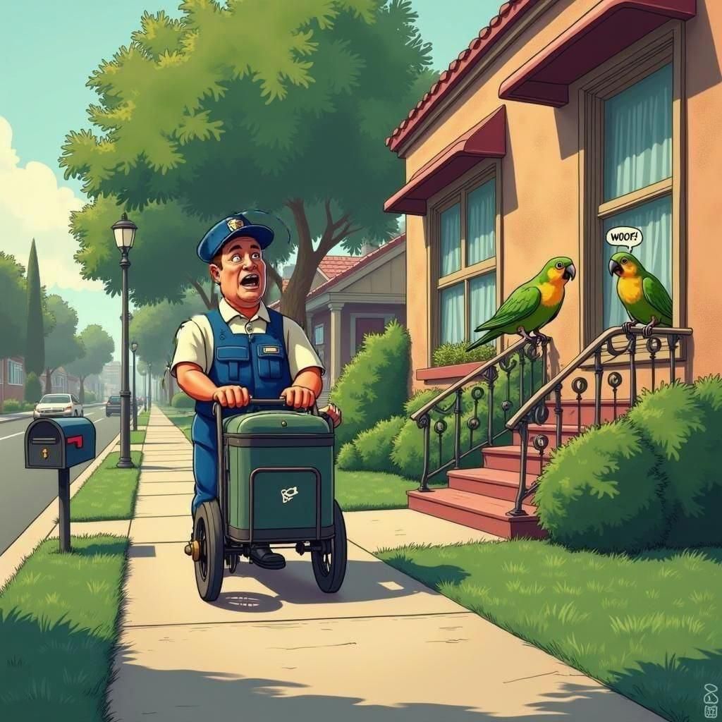 Startled Mailman with Barking Parrot in Suburbia