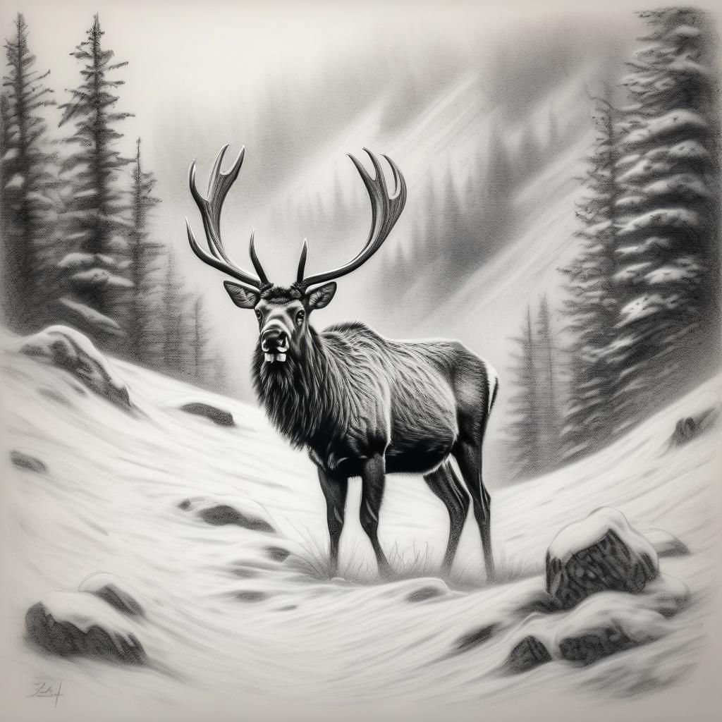 Elk in Snowy Mountains: Charcoal Drawing