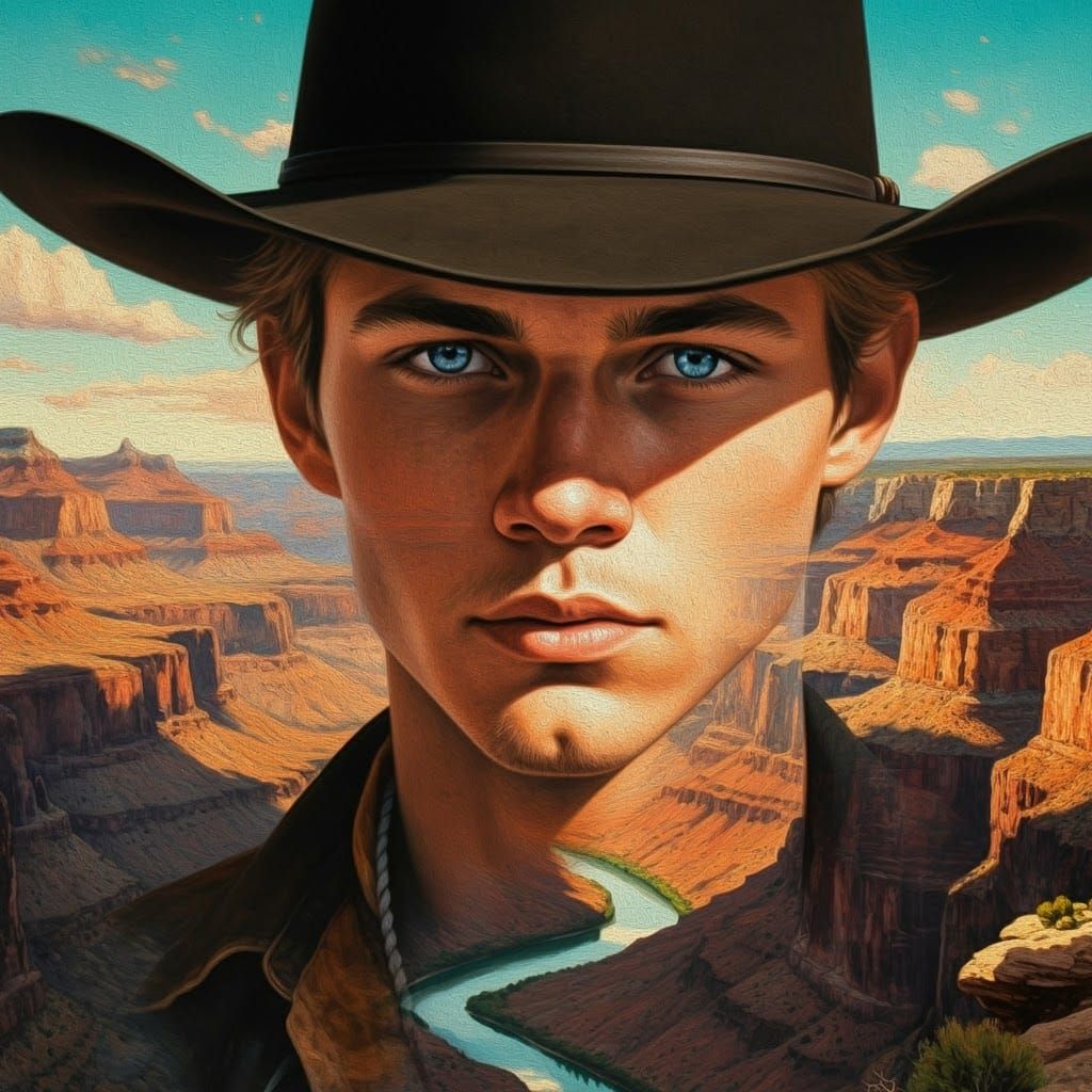Cowboy Portrait with Canyon Sunset in Luminist Style
