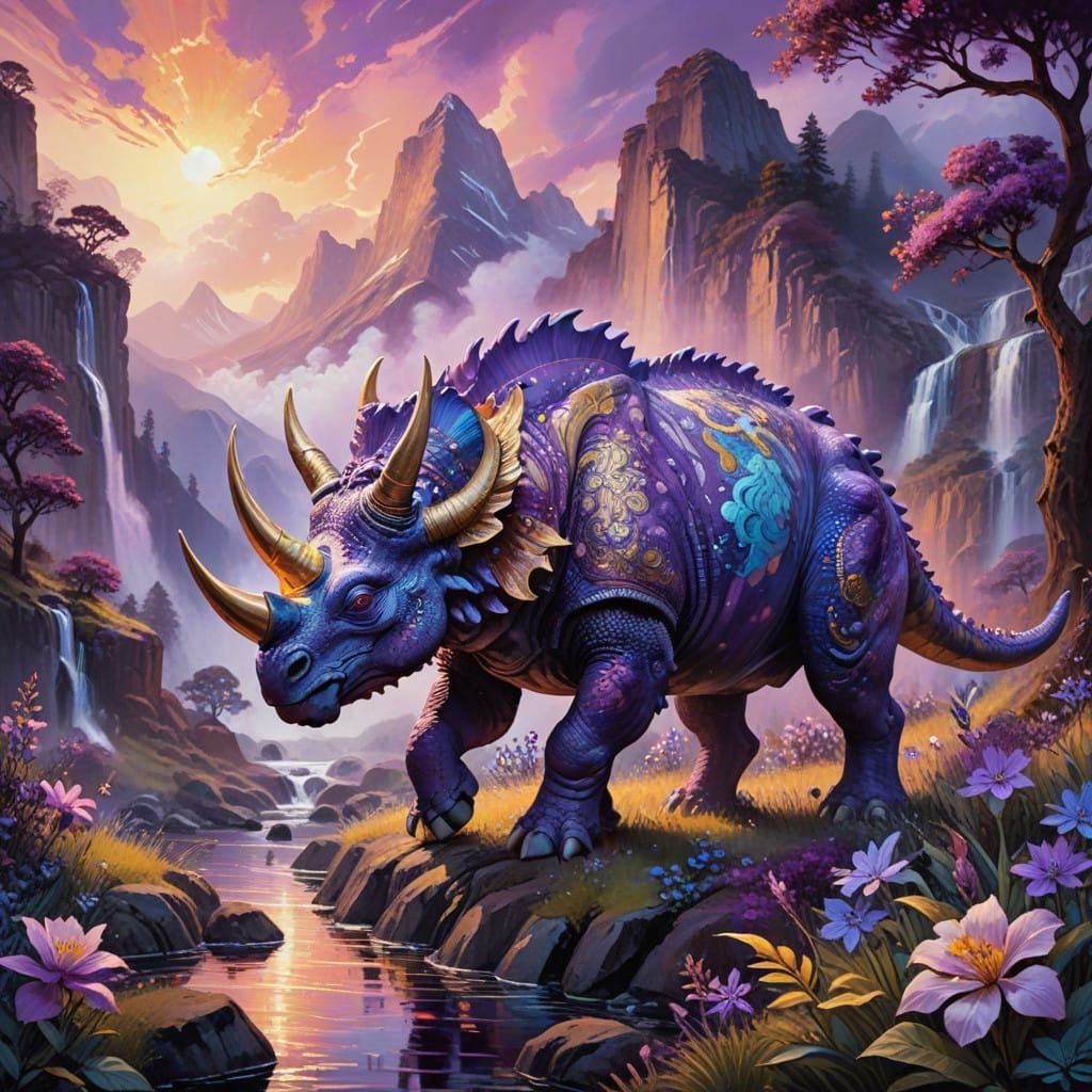 Majestic Triceratops in Vibrant, Iridescent Paisley Patterns