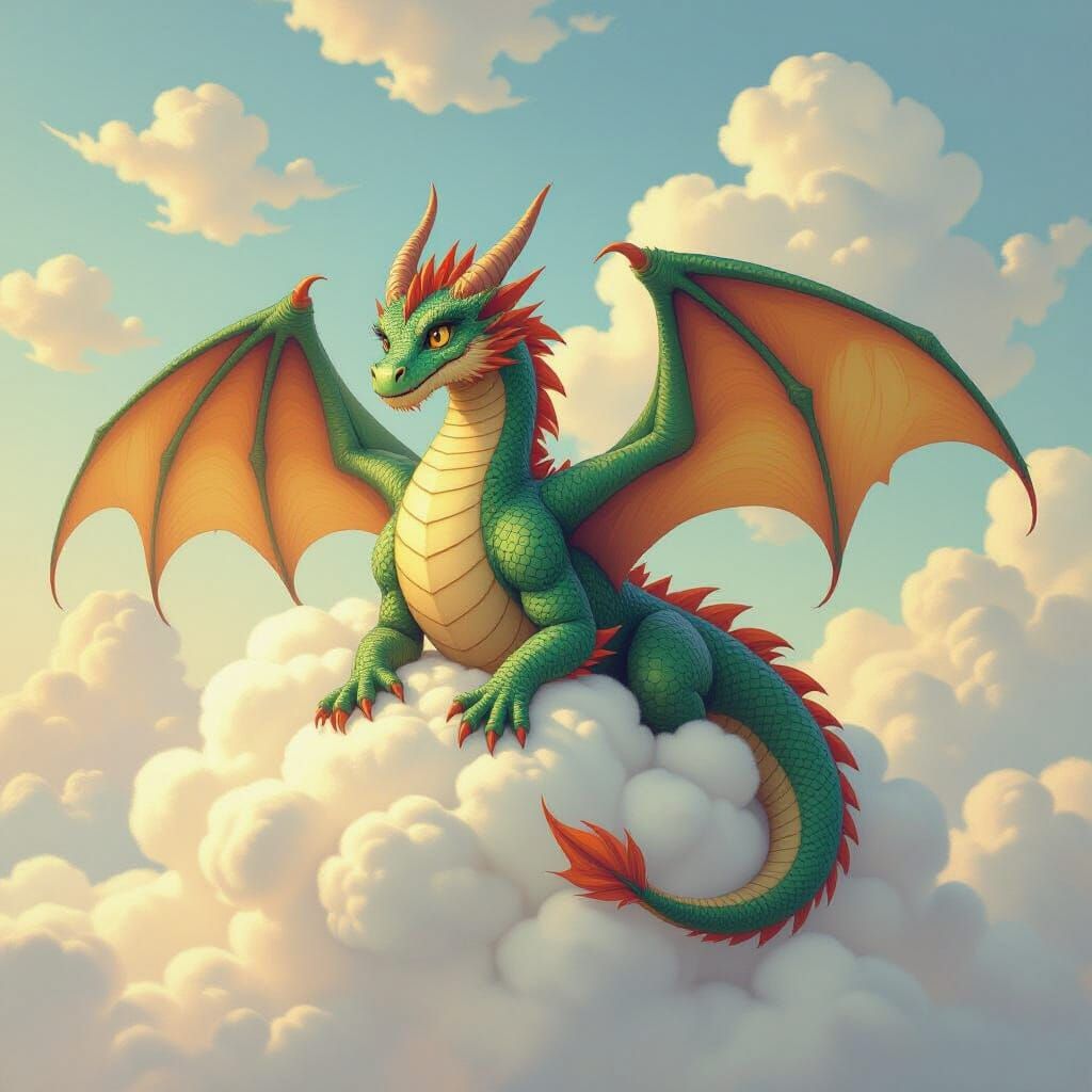 Dragon's Comical Cloud Landing in Whimsical Fantasy Art