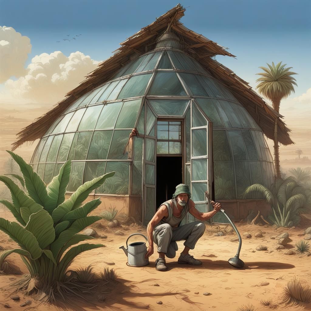 Inca Gardener in Desert Greenhouse, Dieselpunk Style