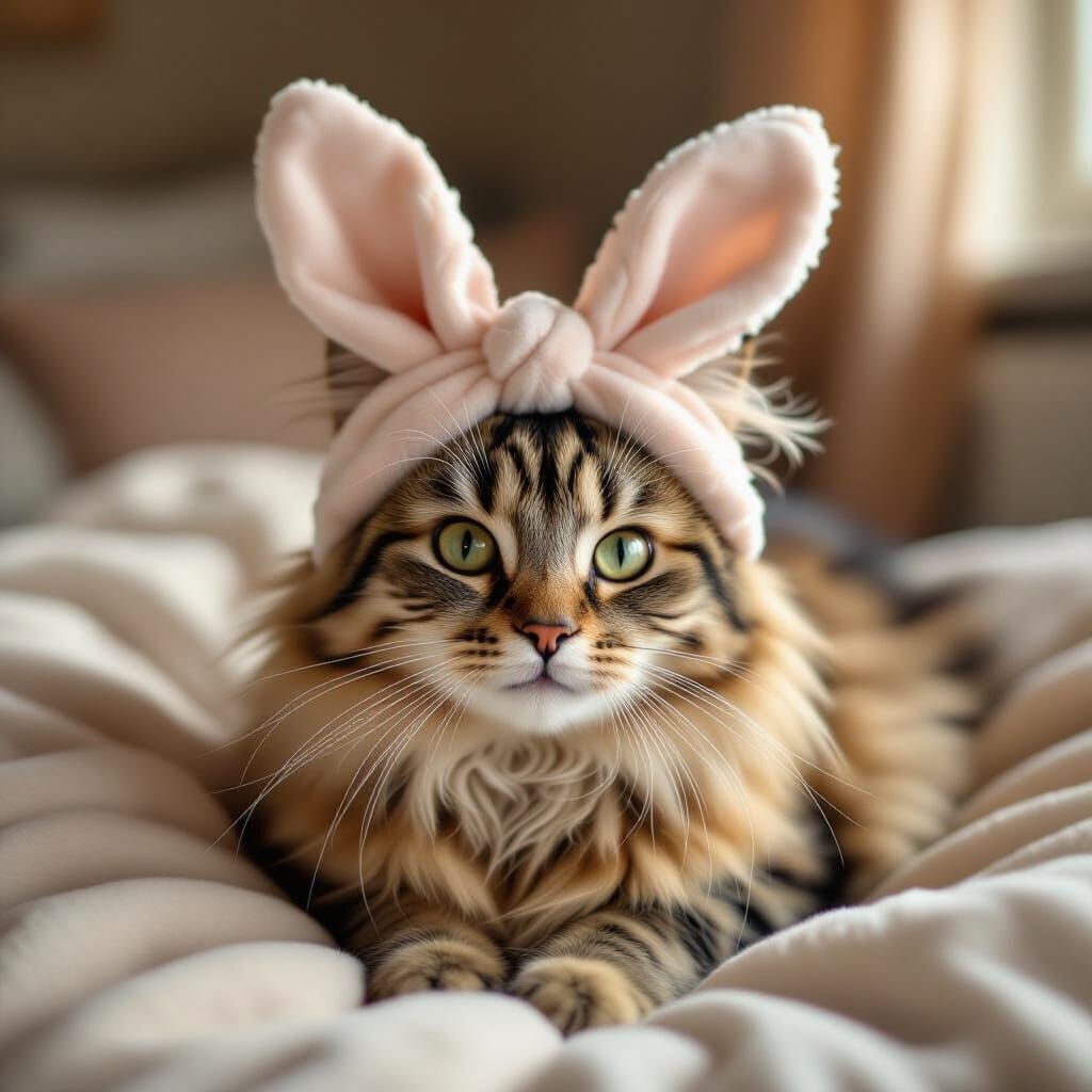 Cat with Bunny Ears in Cozy Room